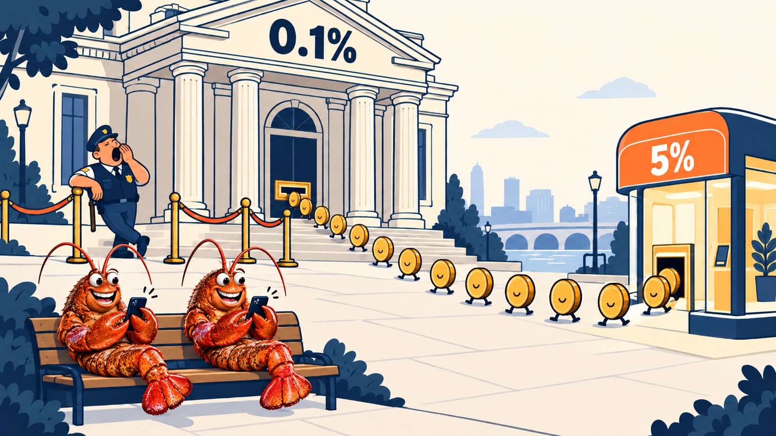 Cartoon: a yawning guard leans on empty queue ropes outside a bank marked 0.1 %, while coins march out of the mail slot to a kiosk marked 5 % and two lobsters on a bench tap on their phones.