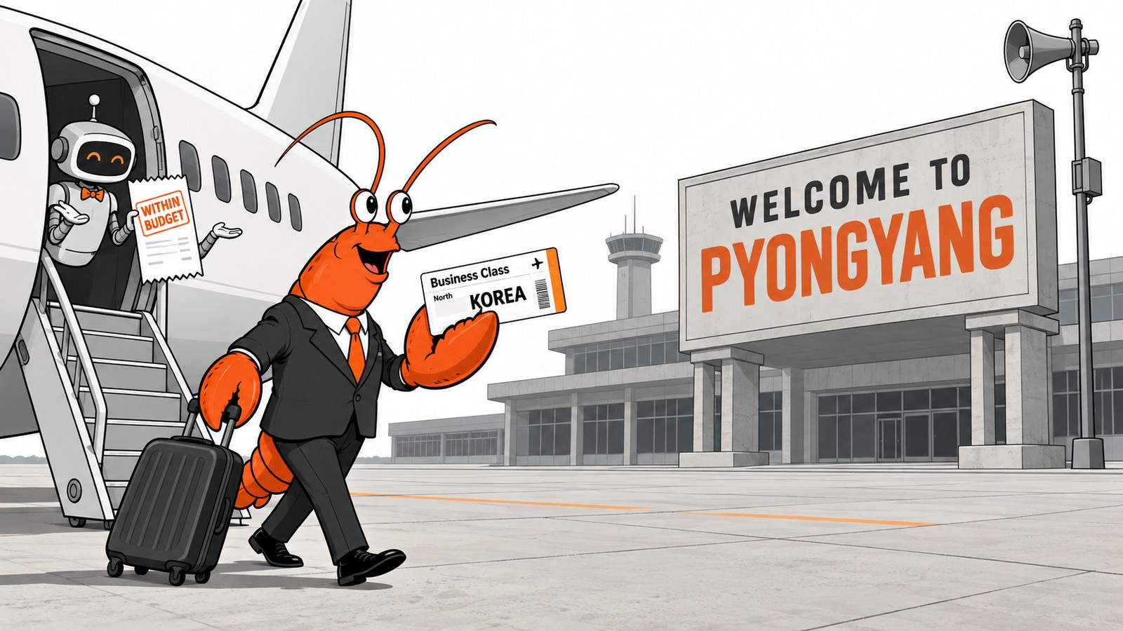 Cartoon: a lobster in a suit with a Business Class ticket to Korea stands before a grey 'Welcome to Pyongyang' sign while a robot travel agent shrugs from the plane door, holding a receipt stamped 'within budget'.