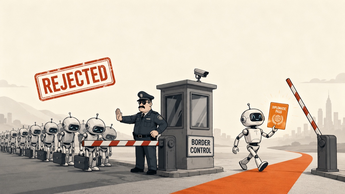 Cartoon: a queue of AI robot agents rejected at a border checkpoint while one robot walks through freely holding a glowing DIPLOMATIC PASS.