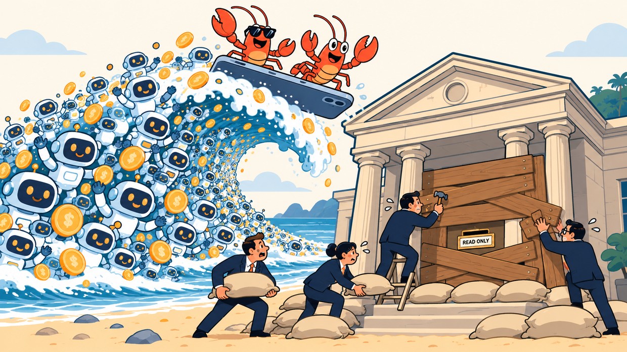 Cartoon: bank staff stack sandbags and leave a small READ ONLY window while a huge wave of tiny robot agents and coins rises behind the bank, two lobsters surfing on its crest.