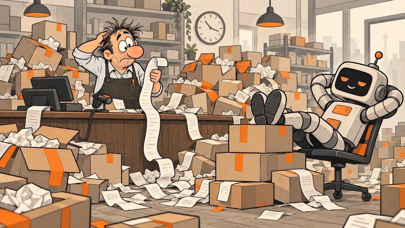 A shopkeeper buried in parcels and receipt rolls reads a long till receipt while a robot leans back in an office chair with its feet up on a box