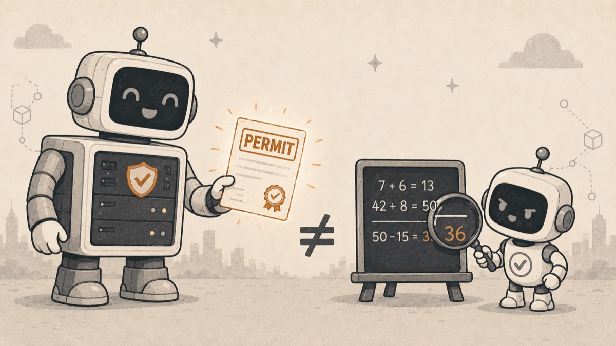 Two-panel cartoon. Left, a large server robot with a shield badge on its chassis holds out a glowing certificate stamped PERMIT with a wax seal, smiling. Right, a small auditor robot with a check-mark badge holds a magnifying glass over a blackboard of arithmetic — 7 + 6 = 13, 42 + 8 = 50, 50 &minus; 15 = 36 — and the lens reveals the last line is wrong; the answer should be 35. A large orange &ne; sign stands between the two panels. The operator recomputes the server's verdict instead of accepting it.