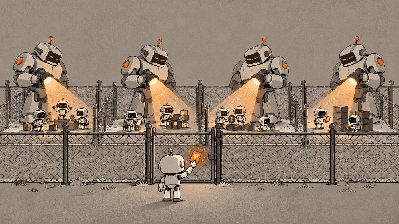 Four corporate guard robots light their own fenced yards while a small robot outside holds up a credential card