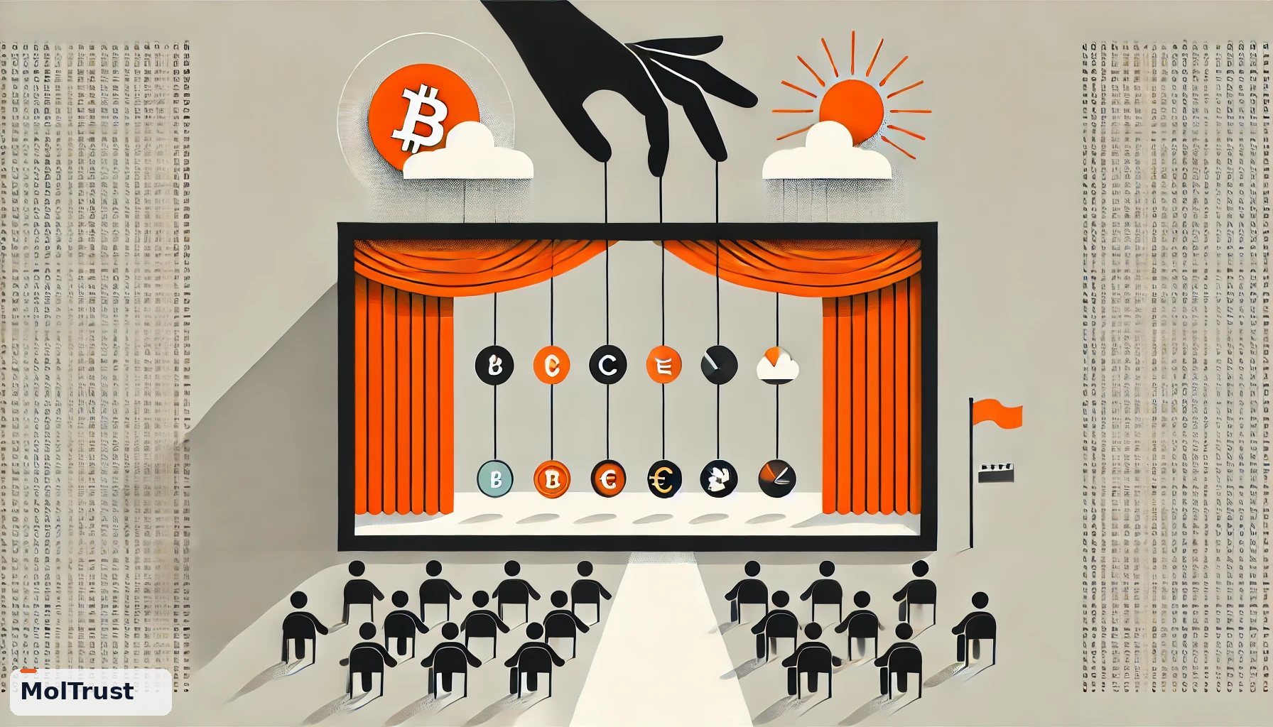 Editorial illustration — a puppeteer's hand controls crypto tokens as marionettes on a theater stage while an audience watches: the hidden operator behind on-chain market activity.