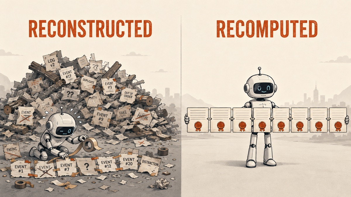 Two-panel cartoon. Left, labelled RECONSTRUCTED: a robot sits in front of a collapsed heap of torn log fragments marked EVENT #1, DUPLICATE, OUT OF ORDER, FAKE and DISTRACTION, taping scraps back together. Right, labelled RECOMPUTED: a robot stands holding an unbroken chain of sealed, signed records.